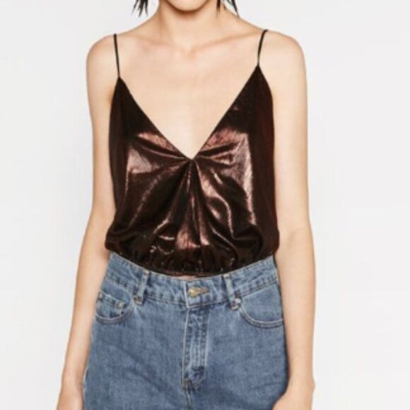 ZARA Metallic Deep V Open back Bodysuit - Picture 1 of 7